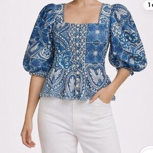 FARM @ Farm Rio Tile Dream Multicolor Short Sleeve Blouse NWT XL